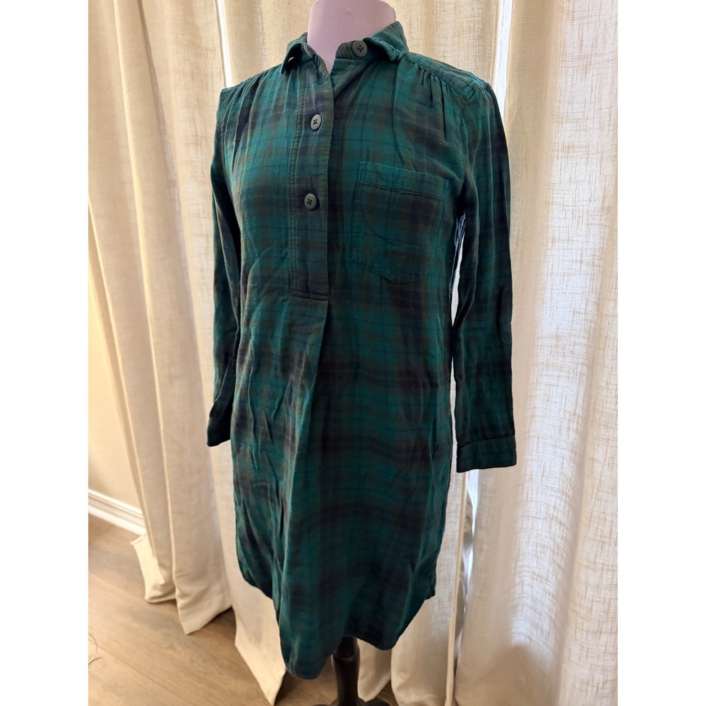 Madewell Womens Plaid Flannel Shirt Dress Small Green Navy Button Long Sleeve